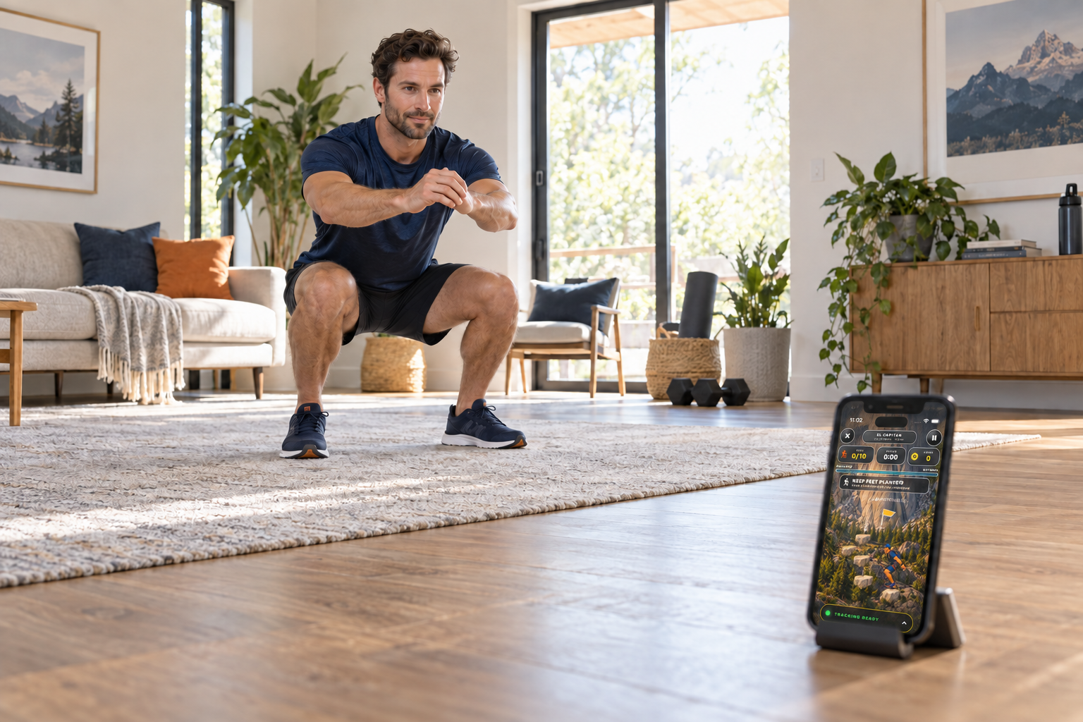 A man doing a bodyweight squat with a phone displaying Reps & Peaks gameplay nearby