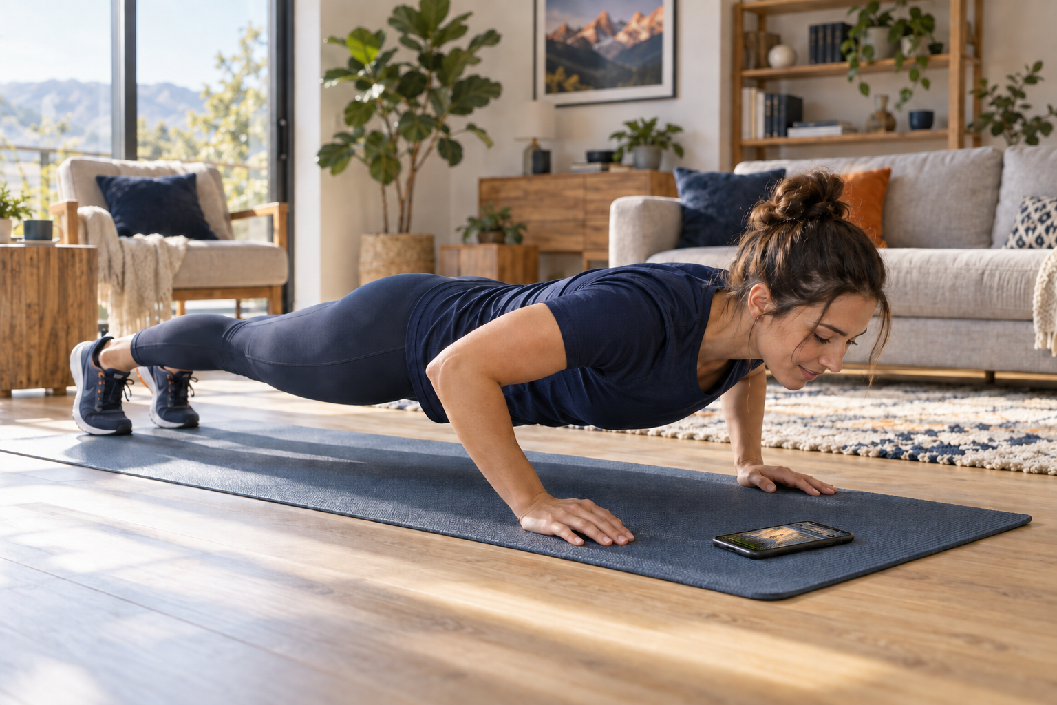 A woman doing a push-up with Reps & Peaks gameplay visible on the phone beside her mat
